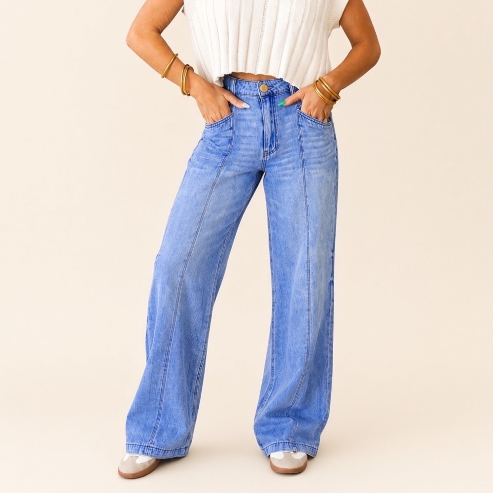 KUT from the Kloth Jodi Wide Leg Jeans High Rise Light Wash Blue Linen Blend 6